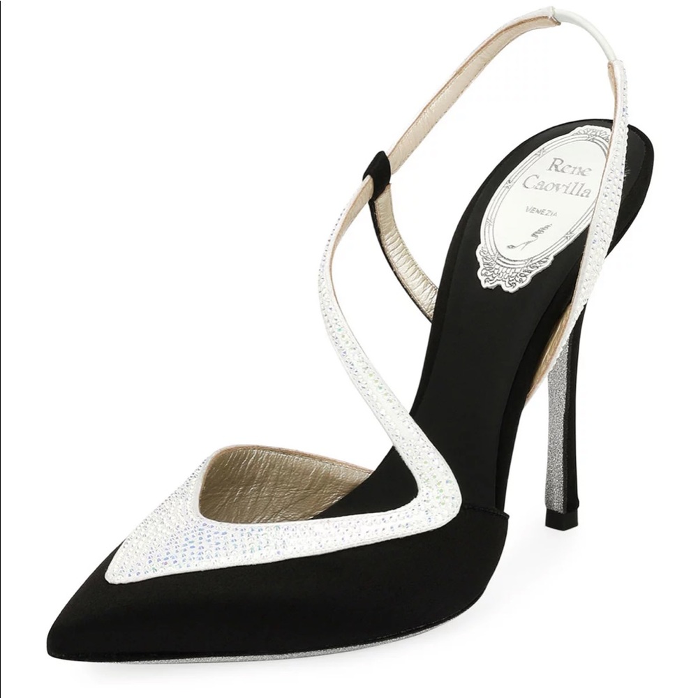 Rene Caovilla Asymmetric Satin Sling Back in Black & White - Picture 2 of 7